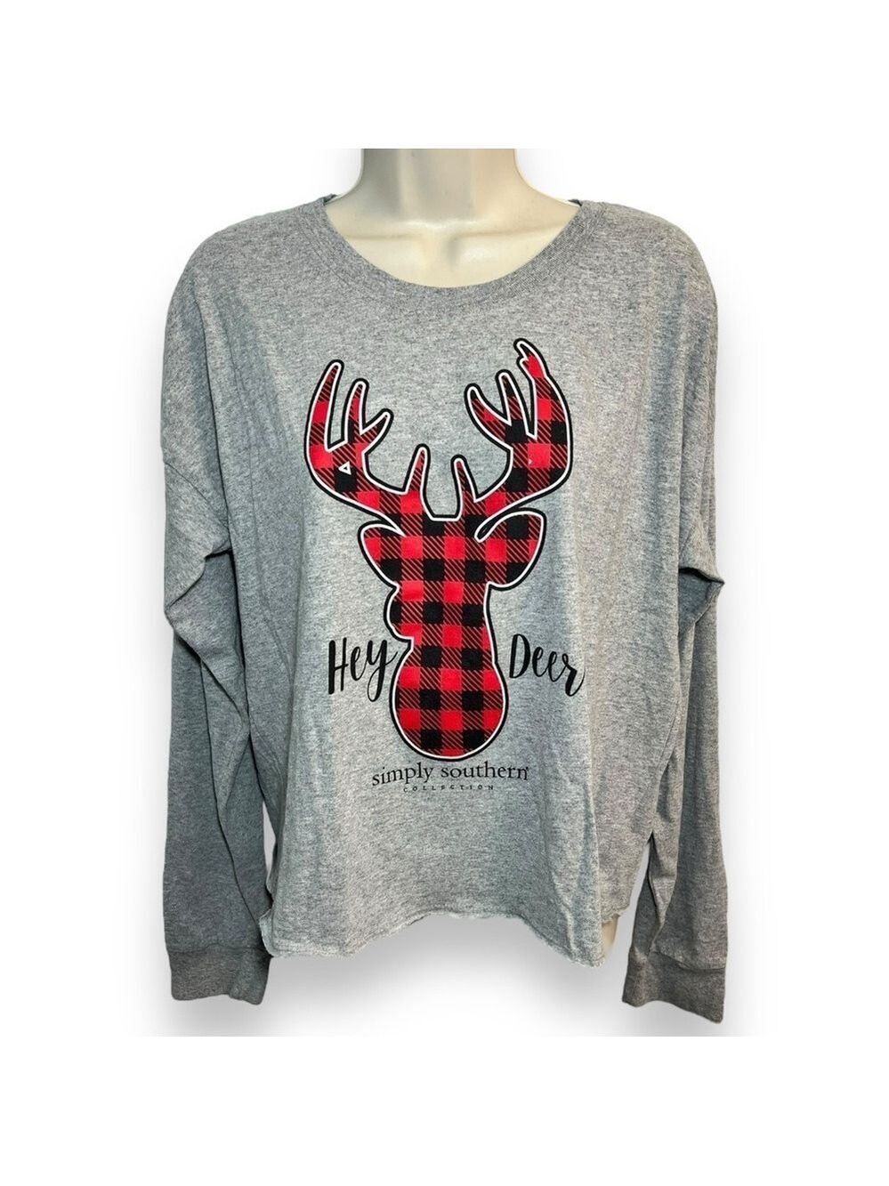 Simply Southern Women’s Long Sleeve Shortie T-Shirt Hey Deer Gray Size XL